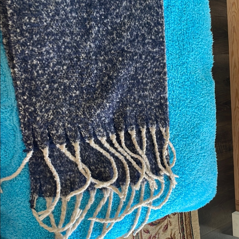 Cozy Blue and Cream Fringed Scarf